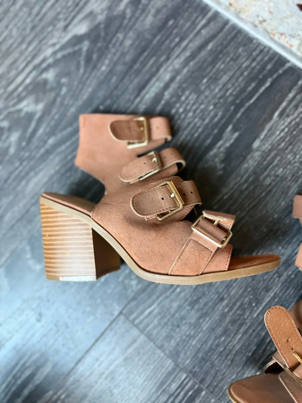 Maurices Three-Buckle Suede Block Heel Sandals - Tan
